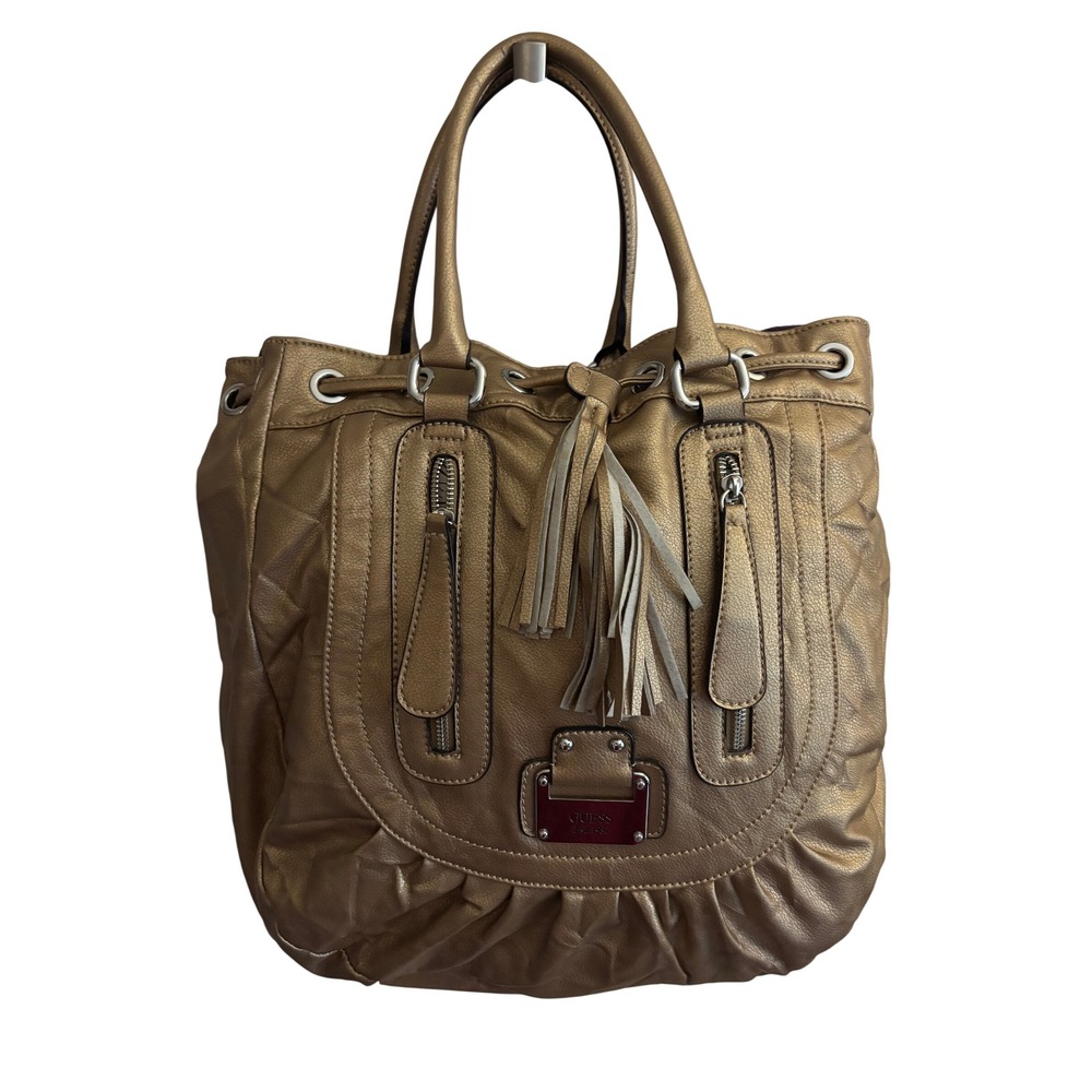 Guess Est 1981 Metallic Bronze Quilted Tassel Tote Bag Faux Leather Shoulder Bag